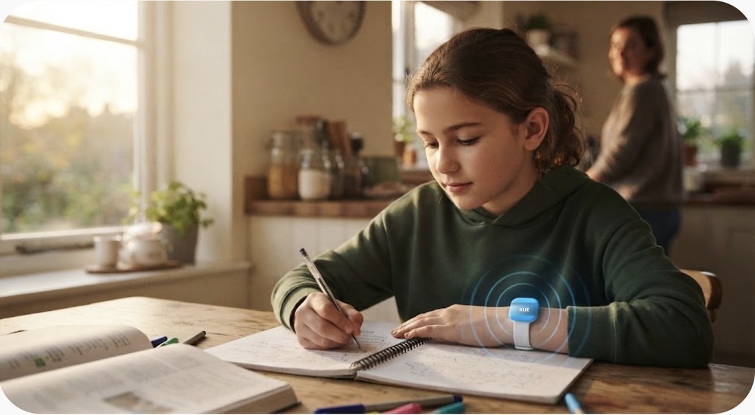 A teen doing homework at the kitchen table while her Kueband gently buzzes, a parent smiling in the background
