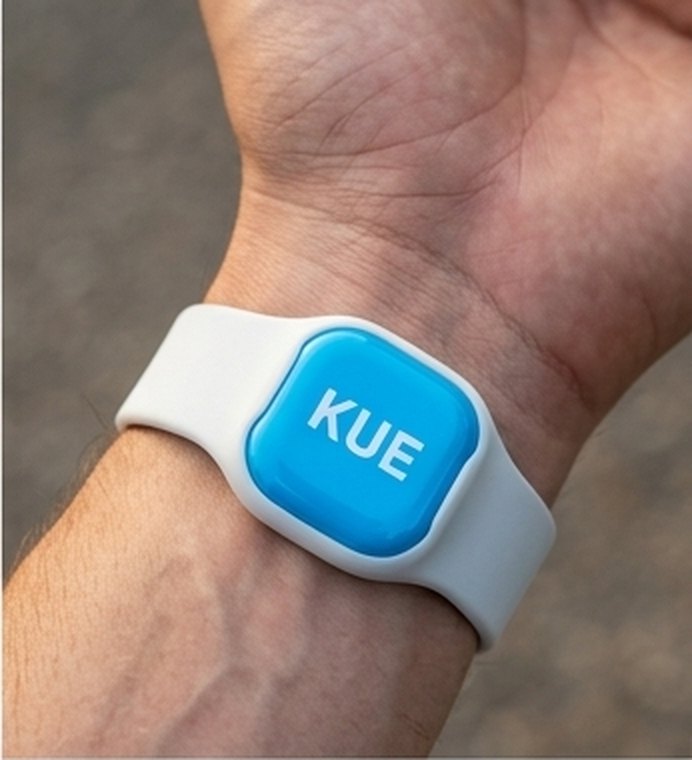 Neon blue Kue buzzer with the KUE logo, worn on the wrist